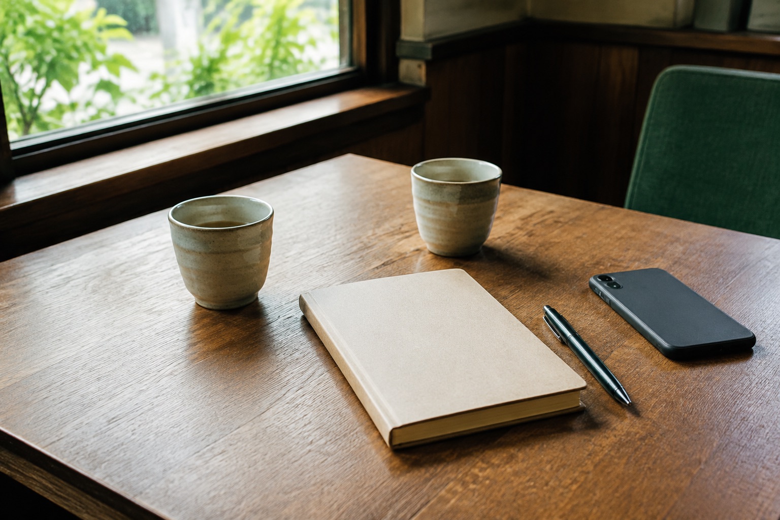 カフェのテーブルに置かれた二つのカップとノート